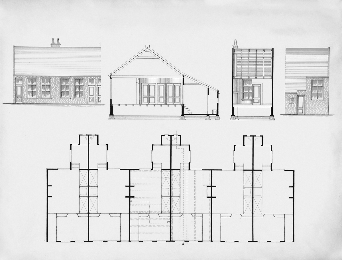 Hand-drawn elevations and floor plans